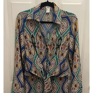 Cache Geometric Print Green Blue Yellow Shirt Dress Tie Front Womens 2 Career